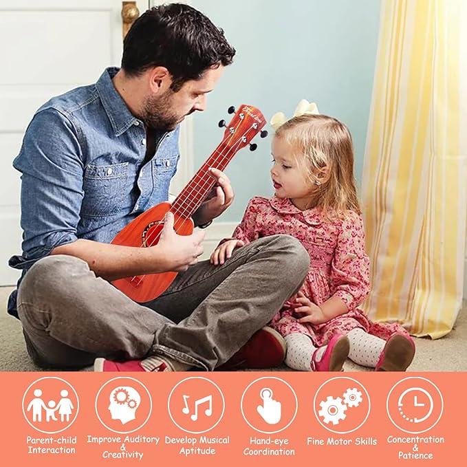 YOLOPLUS+ 17 Inch Kids Ukulele Guitar Toy 4 Strings Mini Children Musical Instruments Educational Learning Toy for Toddler Beginner Keep Tone Anti-Impact Can Play with Picks/Strap/Primary Tutorial