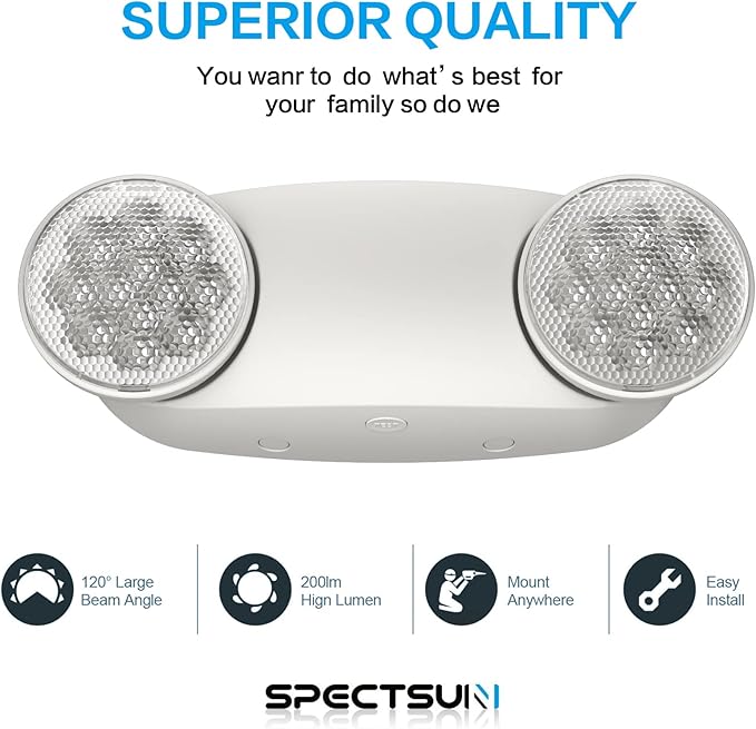 SPECTSUN 12 Pack LED Emergency Lighting Fixture with Battery Backup and Bug Eye Heads-US Standard Emergency Light Combo-Compact Design?“Thermoplastic Housing for Indoor Outdoor