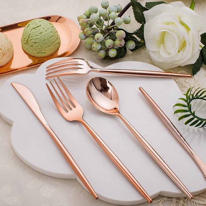 SUT 150Pcs Rose Gold Plastic Silverware, Disposable Cutlery Set, Heavy Duty Plastic Flatware Set，Disposable Rose Gold Utensils Include 50 Forks,50 Spoons, 50 Knives Perfect for Party