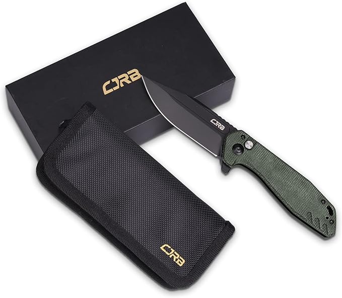 CJRB CUTLERY Folding Knife Riff (J1928) Button Lock Pocket Knife for Men Black PVD AR-RPM9 Steel Blade and Green Micarta Handle for Work Outdoor Hinking Camping