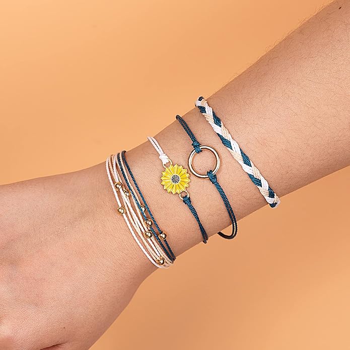 FANCY SHINY Sunflower String Bracelet Boho Braided Rope Wrap Bracelets Cute Summer Beach Surfer Jewelry for Women Christmas Gifts