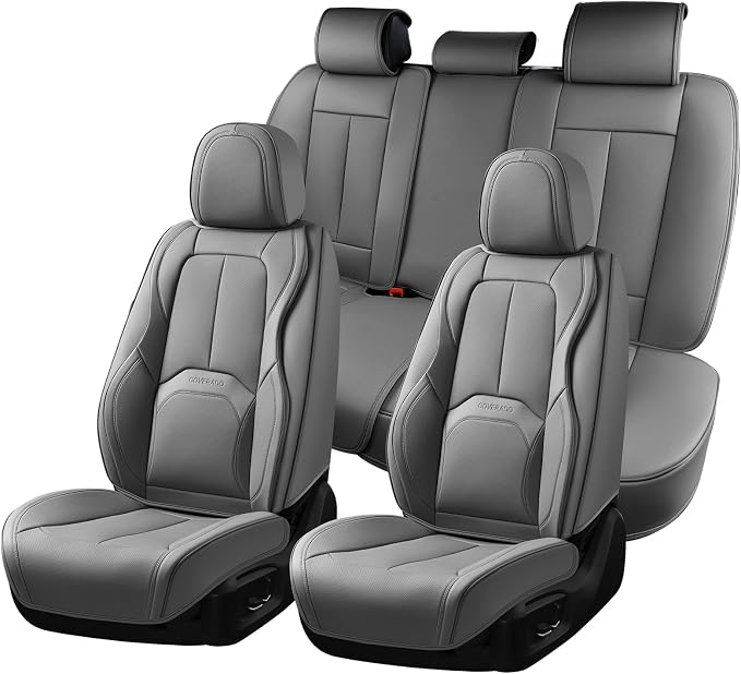 Coverado Car Seat Covers Full Set, Premium Nappa Leather Seat Covers for Car, Waterproof Car Seat Protector with Lumbar Support, Automotive Seat Covers Universal Fit for Most Cars SUV Truck(Gray)