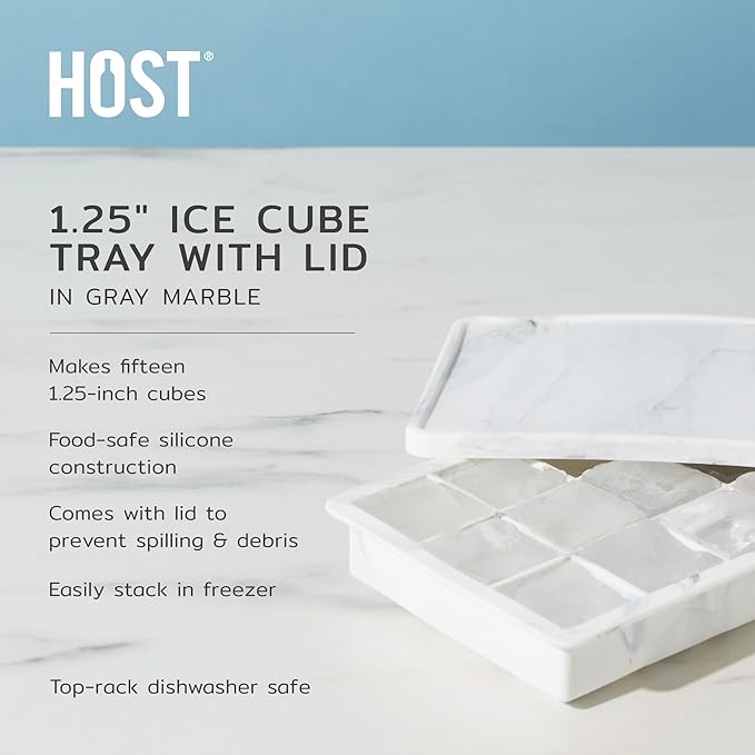 Host Ice Cube Tray with Lid, Makes 15 1.25" Cubes, Durable Silicone Trays