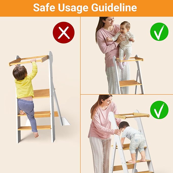 COSYLAND Foldable Toddler Kitchen Stool Helper - Height Adjustable Standing Tower for Bathroom Sink or Kitchen Counter - Step Stool for Toddlers Ages 18 Months to 6 Years White & Natural