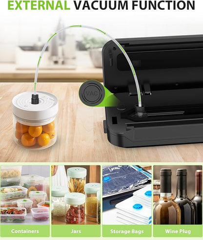 KOIOS Vacuum Sealer Machine, 90Kpa Automatic Vacuum Air food sealer/Built-in Cutter Starter Kit, Dry & Moist Food Preservation Modes, Pulse Function, LED Indicator Lights, Black