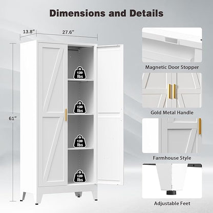61" Tall Metal Pantry Cabinet, Kitchen Storage Cabinet with 2 Doors and 3 Adjustable Shelves for Kitchen, Living Room, Dining Room, Bathroom and Home, Office (White, 61" H)