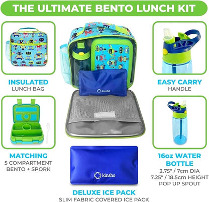 kinsho Bento Lunch Box and Insulated Bag, Water Bottle & Ice Pack Set for Kids Toddlers, 4 Portion Sections, Removable Tray, PreSchool Kid Toddler Daycare Lunches, Snack Container, Robot