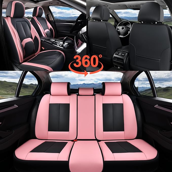 Coverado Car Seat Covers Full Set, Waterproof Nappa Leather Seat Covers for Car, Car Seat Protector with Lumbar Support, Automotive Seat Covers Universal Fit for Most Cars SUV Trucks, (Black&Pink)