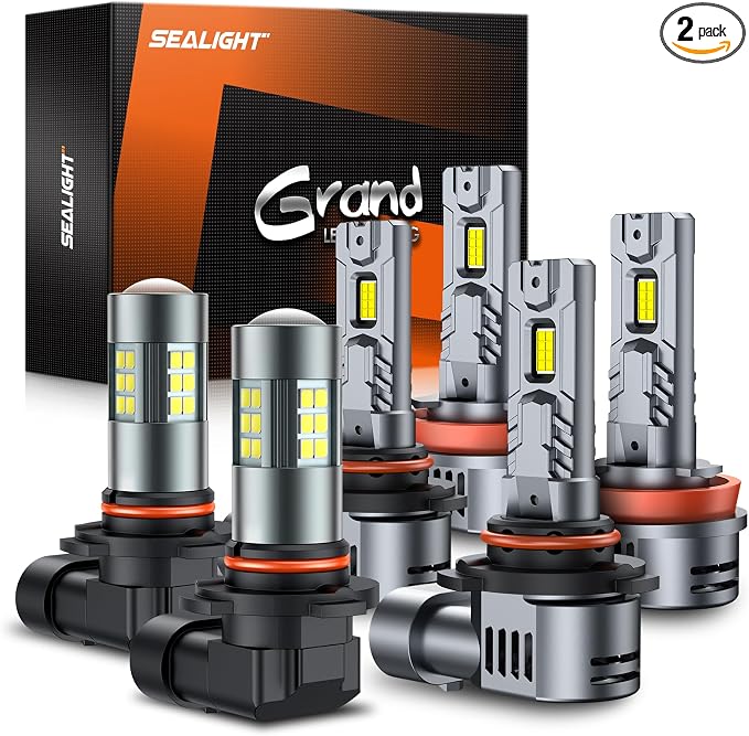 SEALIGHT H8/H9/H11 9005/HB3 H10 Fog Light Bulbs Combo, 110,000LM Ultra-Bright 360° Illumination 6500K 9005 H11 Bulbs with Cooling Fan, True Plug N Play, Non-polarity, Pack of 6