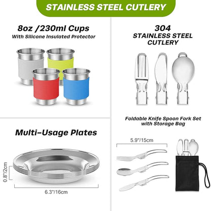 Odoland 29pcs Camping Cookware Mess Kit, Non-Stick Lightweight Pots Pan Kettle, Collapsible Water Container and Bucket, Stainless Steel Cups Plates Forks Knives Spoons for Outdoor Backpacking Picnic