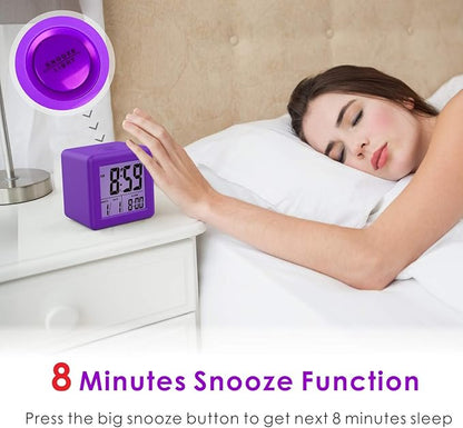 Plumeet Digital Alarm Clock for Kids with Snooze and Nightlight - Easy Setting Silicone Display Time, Date - Loud for Bedroom - Battery Powered (Purple)