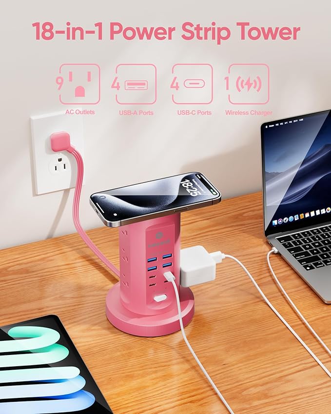 Power Strip Tower, kakyanill Surge Protector Tower 9 AC Outlets 8 USB, 6 Ft
