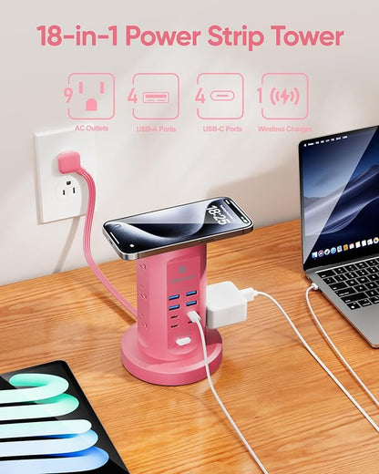 Power Strip Tower, kakyanill Surge Protector Tower 9 AC Outlets 8 USB, 6 Ft