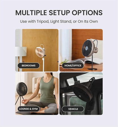 Claymore V600+ Black Rechargeable Portable Fan ??7,800mAh Battery, 4-Speed BLDC Ultra-Quiet Air Circulator USB-C Charging 32 Hrs Runtime Tripod Mountable Adjustable for Camping, Indoor, Outdoor