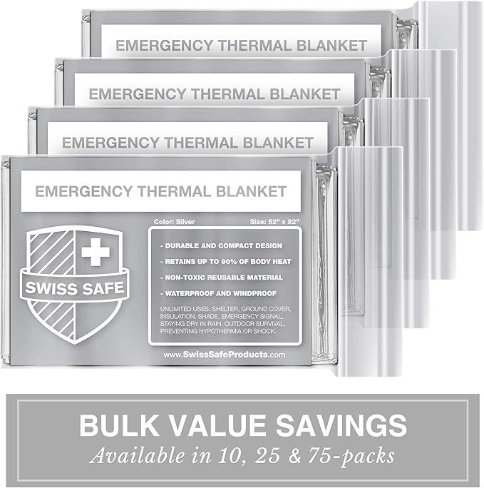 Swiss Safe 10 Pack Mylar Emergency Blankets for Survival - Compact & Insulated for Cold Weather - Designed for NASA, Outdoor, Running, Camping, Survival, First Aid Car Kit - Silver, 10 Pack