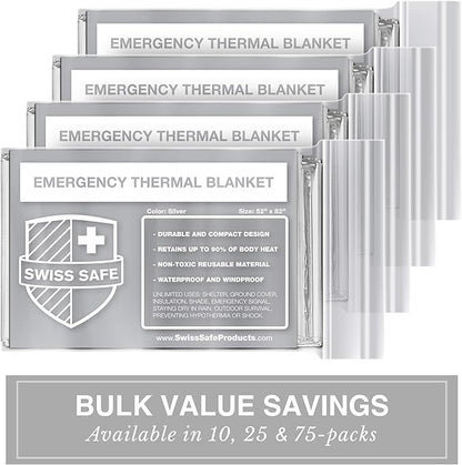 Swiss Safe 10 Pack Mylar Emergency Blankets for Survival - Compact & Insulated for Cold Weather - Designed for NASA, Outdoor, Running, Camping, Survival, First Aid Car Kit - Silver, 10 Pack