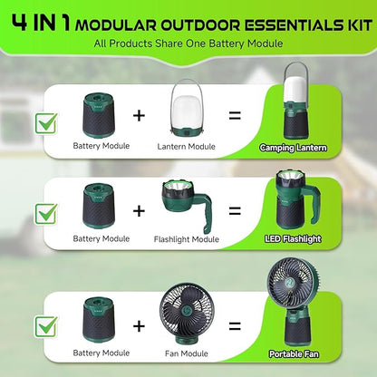 4 in 1 Modular Rechargeable Camping Lantern, Portable LED Flashlight, Outdoor Camp Fan, 4400mAh Power Bank, IPX4 Waterproof Camping Essentials Set for Emergency, Hiking, Fishing