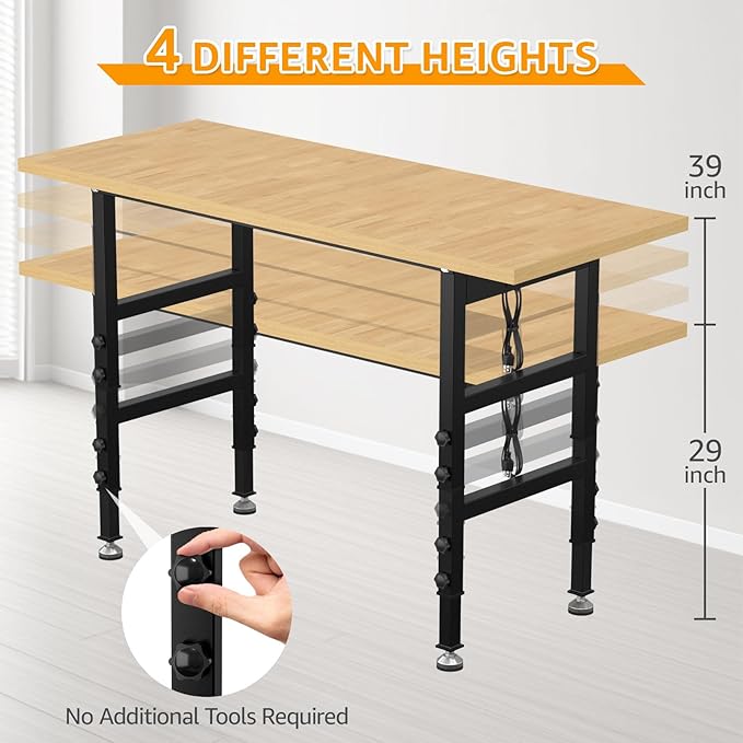 60" Adjustable Workbench,Heavy-Duty Work Table,3000 LBS Load Capacity Particleboard Hardwood Workstation Outlets with Power Strips and Fixed feet,for Workshop, Garage