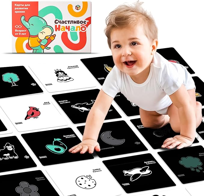 Happy Start High Contrast Baby Cards for Newborns - Black & White Cards, Water-Resistant, BPA-Free, Portable Educational Flashcards for Visual Stimulation, Award-Winning, Ages 0+ (English & Russian)