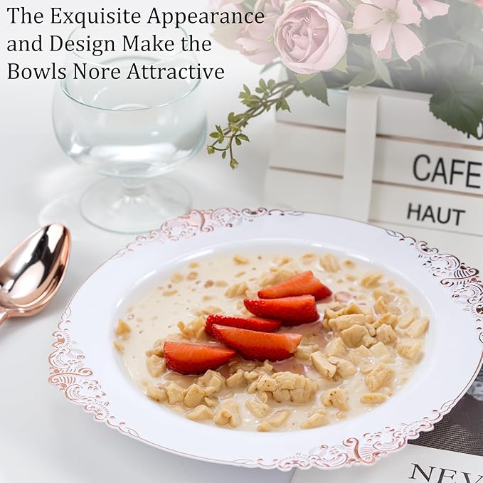 Nervure 50PCS White Plastic Bowls with Rose Gold Rim - 12oz White Disposable Soup Bowls, Heavy Duty Salad Ice Cream Bowl Perfect For Weddings, Parties and Everyday Use