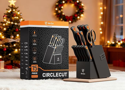 Knife Block Set -15 PCS Dishwasher Safe Kitchen Knife Set, High Carbon