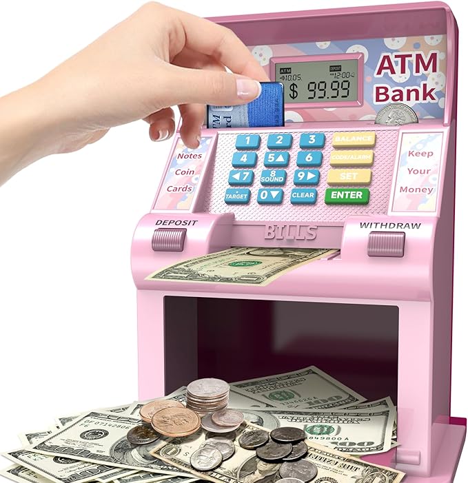 ATM Piggy Bank for Kids, Kids Bank for Real Money with Debit Card, Coin Recognition, Target Setting, Bill Feeder, Balance Calculator, Savings Machine Box, Gifts for Teen Boys Girls