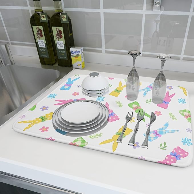 Easter Dish Drying Mat for Kitchen Counter Cute Bunny Floral Holiday Microfiber