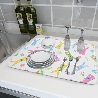Easter Dish Drying Mat for Kitchen Counter Cute Bunny Floral Holiday Microfiber