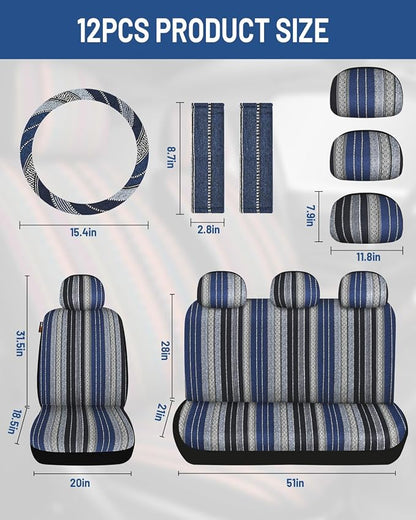Baja Saddle Blanket Car Seat Covers Front Set with Seat Belt Pads, Washable Breathable Striped Woven Cloth Seat Covers for Cars, SUV, Truck, Airbag Compatible(Blue)