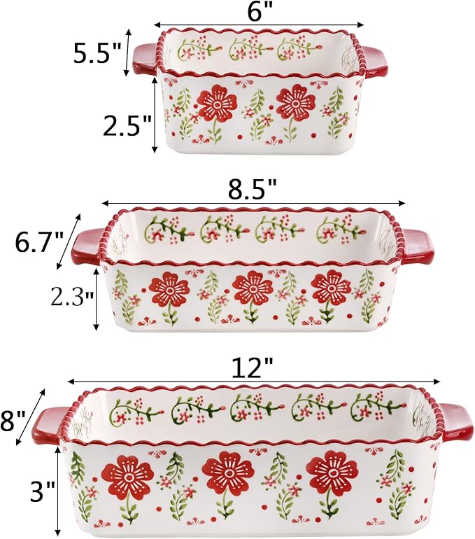 Coloch 3 Pack Ceramic Baking Dishes, Rectangular Bakeware Set Hand-painted