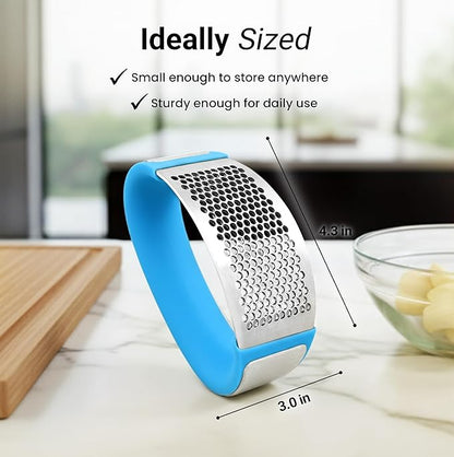 Zulay Kitchen Stainless Steel Garlic Press Rocker Set - Premium Garlic Mincer Garlic Crusher - New Innovative Garlic Crusher with Peeler and Scraper - Comfortable Grip (Blue)