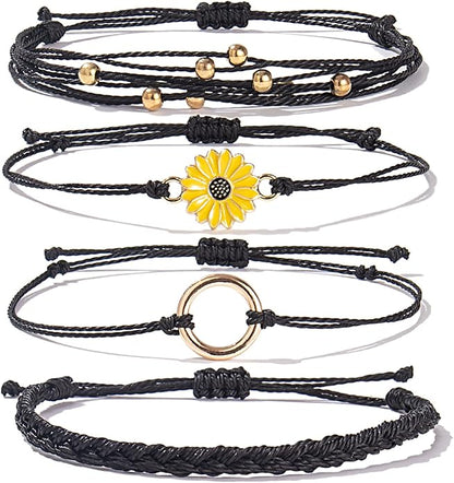 FANCY SHINY Sunflower String Bracelet Boho Braided Rope Wrap Bracelets Cute Summer Beach Surfer Jewelry for Women Christmas Gifts