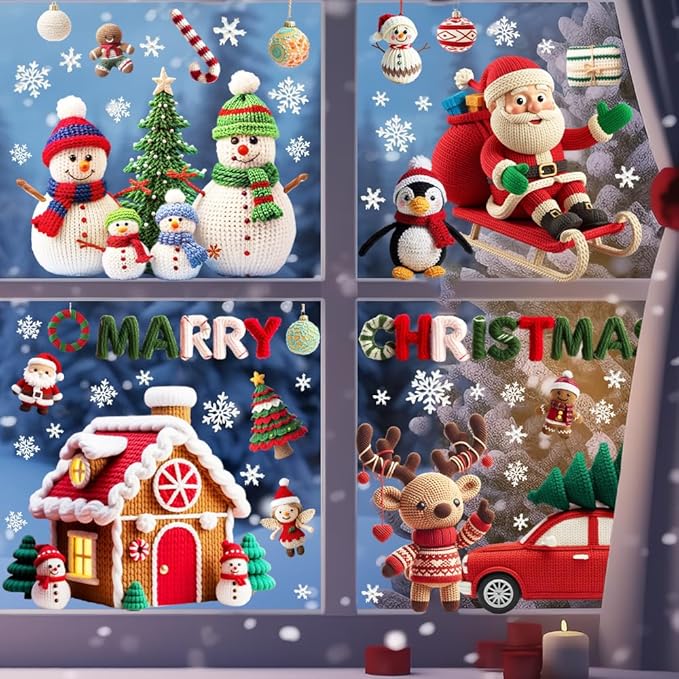 Christmas Window Stickers Easy Apply Fun Christmas Window Clings Decor Set-Vibrant Santa,Woolen Tree Car House,Reindeer & Snowman Static Decals-Removable - Safe for Home, Office, School Indoor Use