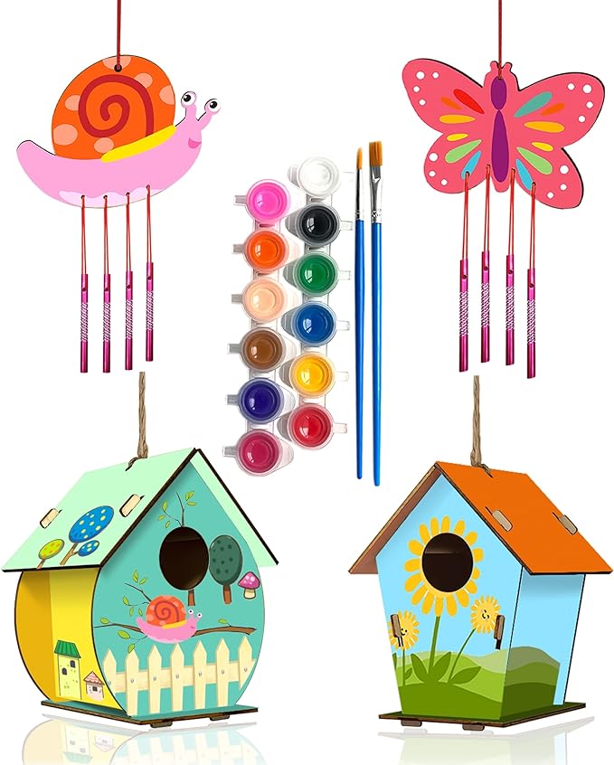 4 Pack DIY Bird House Wind Chime Kits for Children to Build and Paint, Wooden Arts and Crafts for Kids Girls Boys Toddlers Ages 8-12 4-6 6-8
