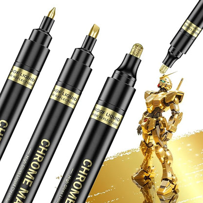 3Pcs Gold Liquid Mirror Chrome Markers, Permanent Reflective Metallic Gold Paint Pen, High Gloss Car DIY Model Painting, Touch Up Repair Kit for Plastic Metal Glass Fabric Ceremic Resins