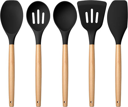 E-far Silicone Cooking Utensils Set, 5-Piece Black Kitchen Utensils Set