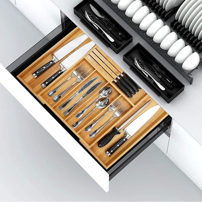 VaeFae Bamboo Silverware Drawer Organizer Kitchen, Expandable Utensil Organizer