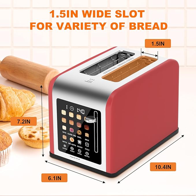 2 Slice Toaster Touch Screen, Stainless Steel Toasters Digital Timer 2 Slot