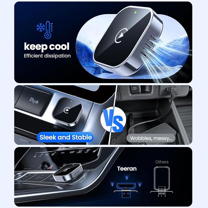 2 in 1 CarPlay Adapter for Rivian R1T R1S, CarPlay Wireless Adapter with Auto Reconnect Fast Pairing Bluetooth Connection Compact USB Dongle,A/Silver-Side Heat Dissipation