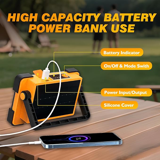 120W Solar Rechargeable Work Light, 144 LED 10000LM Led Work Light with 4 Modes, Portable Flood Light with Stand, IP66 Waterproof Outdoor Working Light for Emergency Mechanic Camping Repair (Yellow)