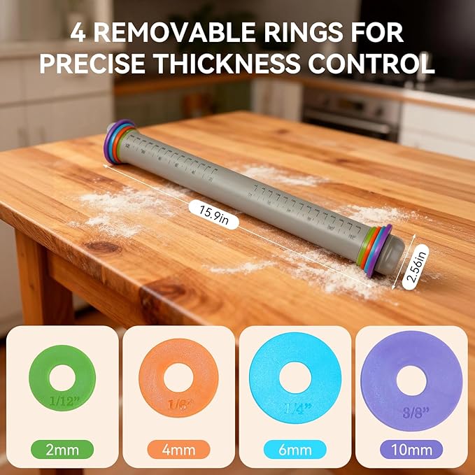 Adjustable Rolling Pin with Thickness Rings, 12.8" Silicone Non Stick Dough