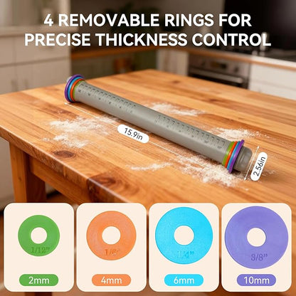 Adjustable Rolling Pin with Thickness Rings, 12.8" Silicone Non Stick Dough