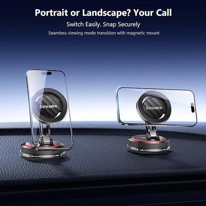 SYNCWIRE for MagSafe Car Mount [2-Axis Design] Nano Adhesive Gel + Suction Cup Magnetic Phone Holder for Dashboard & Windshield, 360° Adjustable for iPhone 17 16 15 14 13 12 11, Samsung, Carbon Fiber