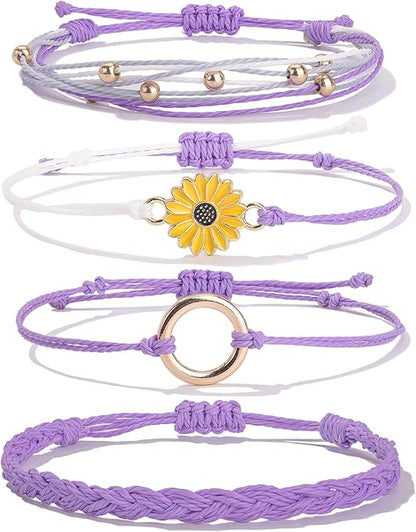 FANCY SHINY Sunflower String Bracelet Boho Braided Rope Wrap Bracelets Cute Summer Beach Surfer Jewelry for Women Christmas Gifts