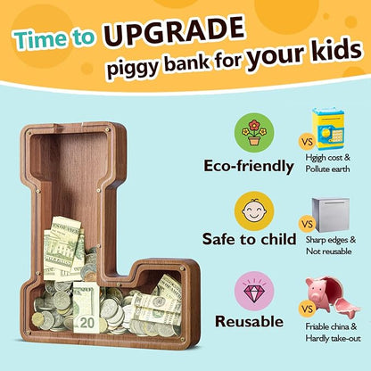 Summidate Customized Name Extra Large Wooden Piggy Bank for Kids Boys Girls Alphabets Letter A-Z Coins Bills Money Change Saving Box Clear Cover (Laser Engraved) Educational Toys 12"- Letter L