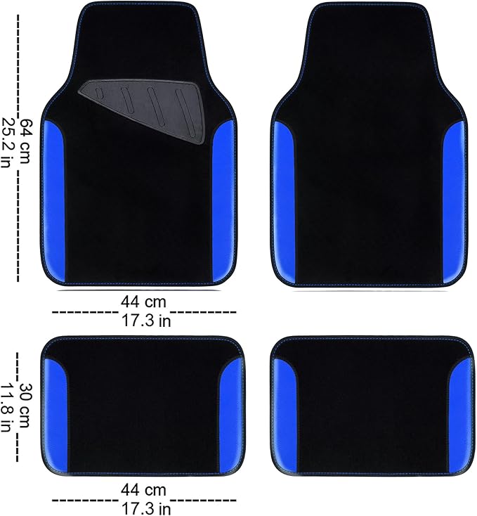 CAR PASS Rainbow Waterproof Universal Fit Faux Leather Car Carpet- Anti-Slip Nibbed Backing Floor Mats for SUV, Vans, Sedans, Trucks, Automotive Set of 4pcs (Black with Blue)