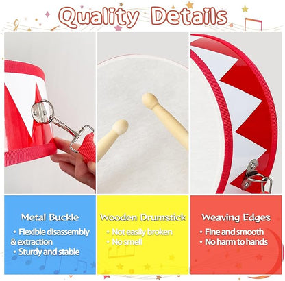 Kids Drum Set,8 in Wooden Toy Drum Set,Educational Baby Musical Toys Drum with Adjustable Strap 2 Drumsticks,Sensory Musical Instrument Drum Toy for Toddler Boys & Girls Gift(Red)