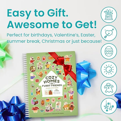 Cozy Homes of Furry Friends Sticker + Coloring Book (500+ Calendar Stickers for Kids & 12 Coloring Pages) Side by Side Activity Book, Fun Sticker Books, Boys & Girls Ages 2-4 4-8, 8-10