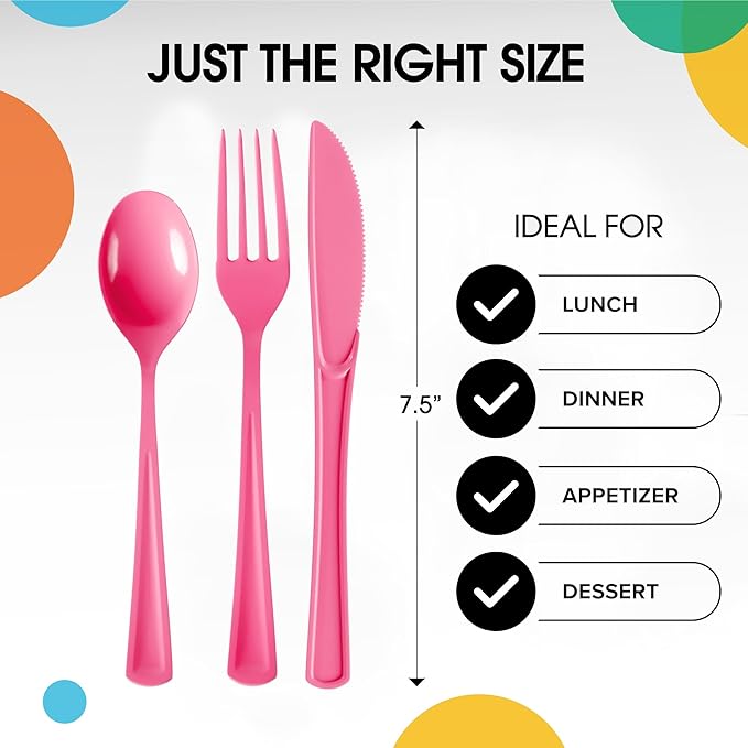Party Solids Hot Pink Plastic Silverware Heavy Duty 150 Pieces Hot Pink Plastic Cutlery Sets, Utensil Sets, 50 Of Each Forks, Knives & Spoons Disposable Cutlery Set, Flatware Set For Party Supplies