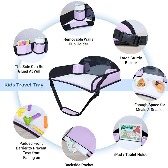 COOLBEBE Kids Travel Tray for Car Seats, Toddler Lap Desk with Dry Erase Surface, Portable Activity Table for Road Trips, Snack & Play Tray (Purple)